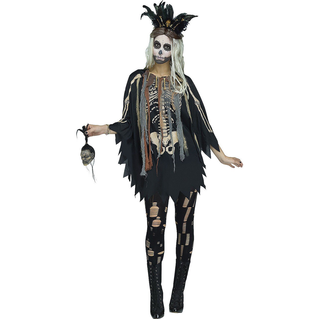 Adult Voodoo Poncho Costume Skeleton Print Torn Fabric Halloween Outfit